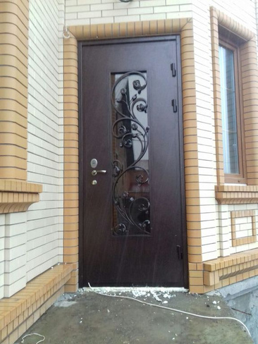 Двери входные металлические со стеклом для частного дома и ковкой фото