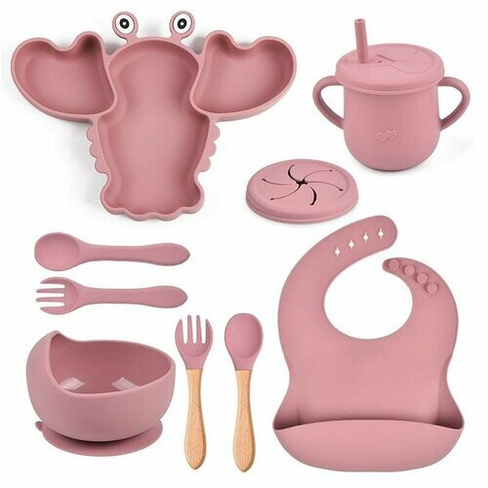 Набор детской посуды для кормления малышей силиконовый розовый KHAN PREMIUM