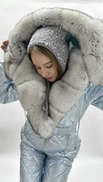 Зимний костюм для прогулок до -30-35 градусов с натуральным мехом песца в цвете голубое серебро - Шапка ушанка с мехом
