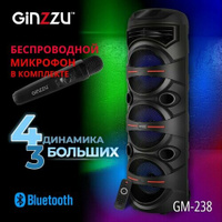 Портативная беспроводная блютуз колонка / Акустическая Караоке система MIDI Ginzzu GM-238 с Bluetooth, 60Вт, микрофон бе