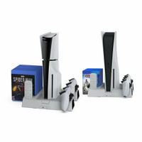 Вертикальная охлаждающая подставка для Sony PlayStation 5 и PS5 Slim с зарядкой для геймпадов dualsense и отсеками для д