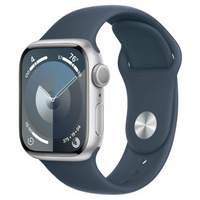 Смарт-часы Apple Watch Series 9 41мм Aluminum Case with Sport Band M/L, серебристые + синий шторм ремешок