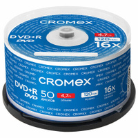 Диски DVD+R (плюс) CROMEX 4,7Gb 16x Cake Box (упаковка на шпиле), КОМПЛЕКТ 50 шт., 513775