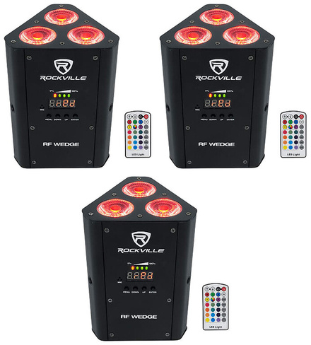 Комплект 3 Rockville RF WEDGE BLACK RGBWA + UV Battery Wireless DMX DJ Up Lights + RF Remotes 3 RF WEDGE BLACK