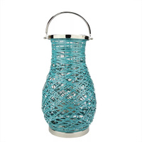 18,5-дюймовый современный бирюзово-синий декоративный тканый фонарь-свеча на железной колонне со стеклянным ураганом