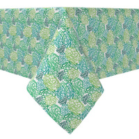 Прямоугольная скатерть, 100% хлопок, нарисованные по трафарету зеленые суккуленты