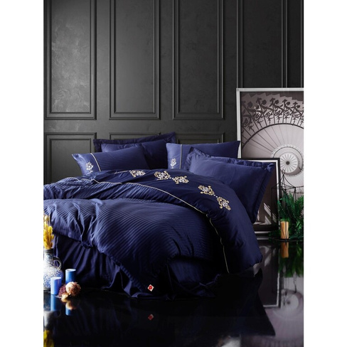 Хлопковый Комплект постельного белья с вышивкой King Navy Blue