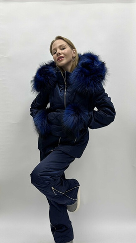 Синий зимний костюм до -35 градусов с натуральным мехом крашеной чернобурки - Варежки без меха