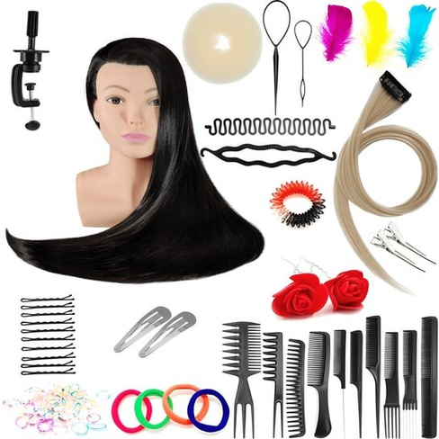 Набор тренировочных головок черного цвета, синтетические волосы + 80 аксессуаров + ручка, парикмахерская насадка для рас