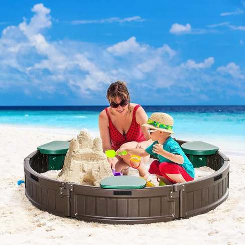 Круглая детская песочница Outsunny на открытом воздухе с покрытием, сидением, пластиковая песочница для активного отдыха