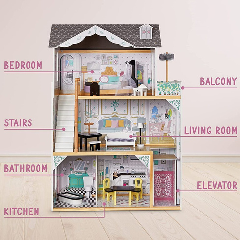 3-этажный деревянный кукольный домик Lil Jumbl с лифтом и 16 предметами Lil' Jumbl